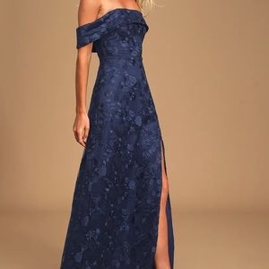 Lulu’s Moonlit Rendezvous Navy Blue Lace Over the Shoulder Maxi Dress